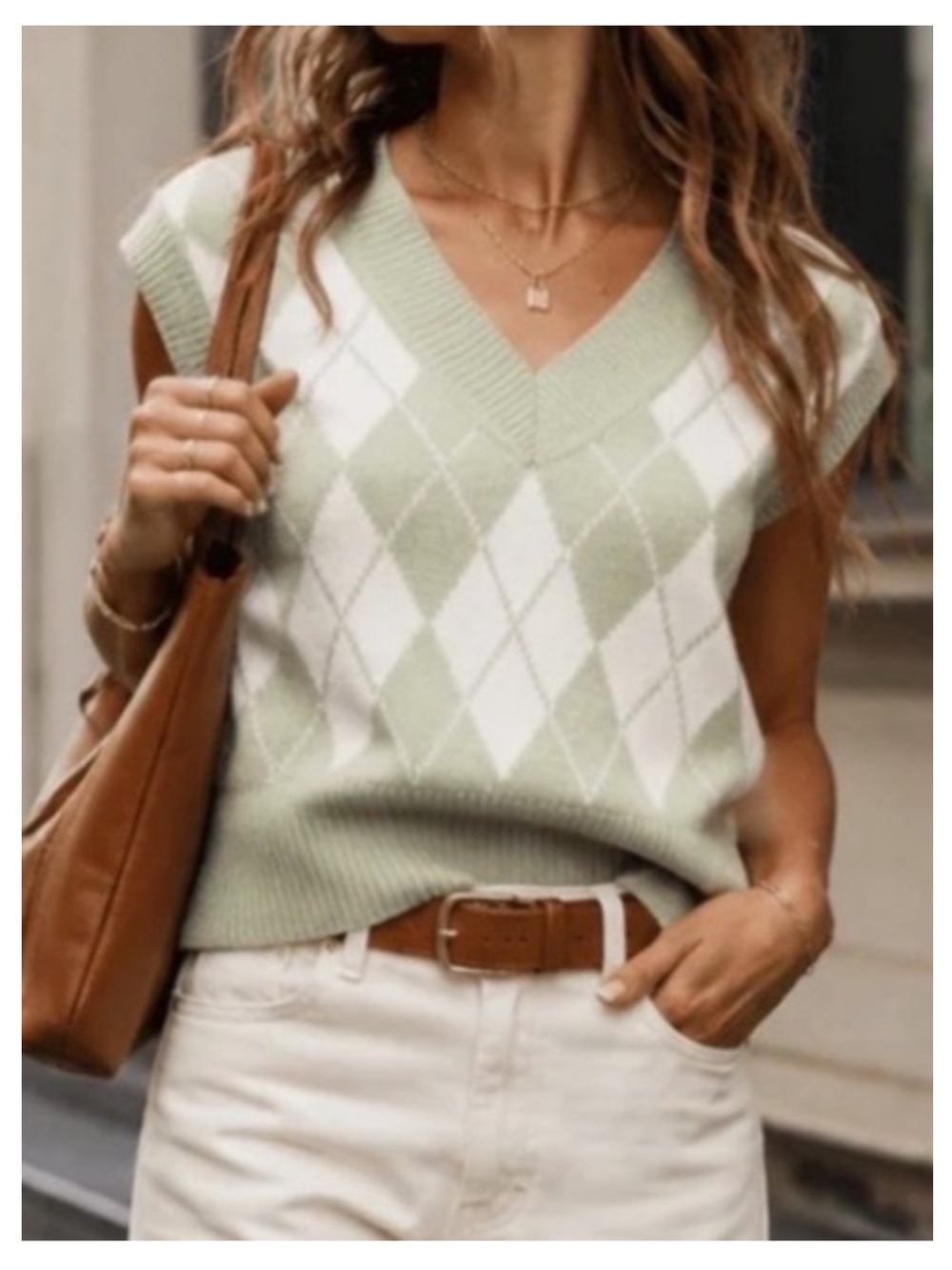 🟠NWT LILOU Sleeveless Cropped V-Neck Colorblock Sweater Vest in Sage/Ivory